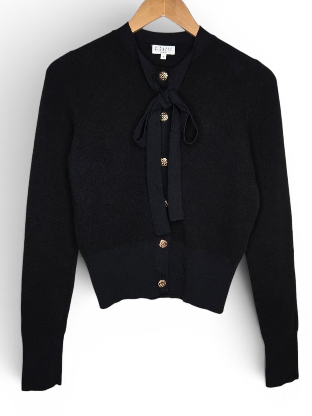 Claudie Pierlot Black Bow Neck Cardigan Sweater Womens Fuzzy Nap Style Office 1